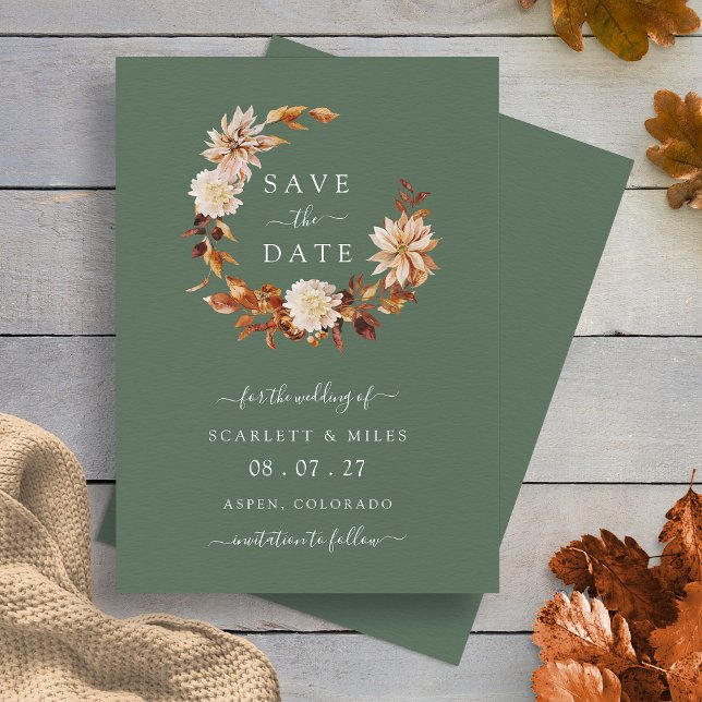 Reserve A Data Sage Fall Wreath Casamento Salvar A Data (Boho Sage Green Fall Wreath Wedding Save The Date Invitation by Painted Paperie
)