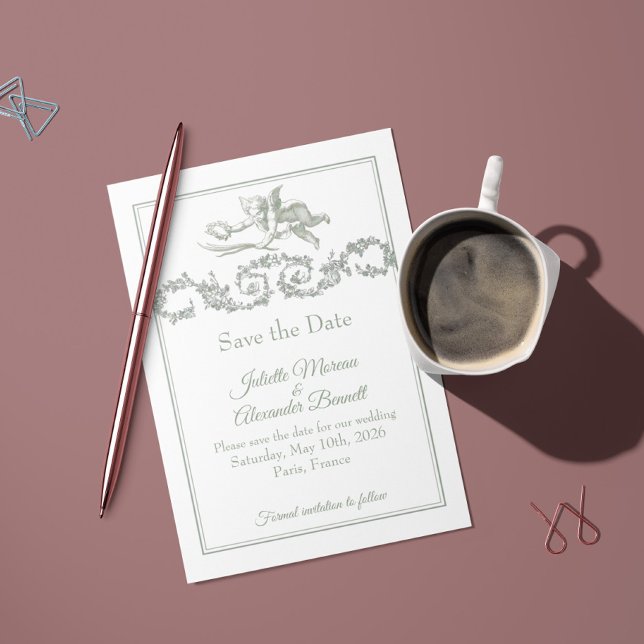 Reserve A Data Sage Gray Toile de Jouy Cherub Save the Date Card (Criador carregado)