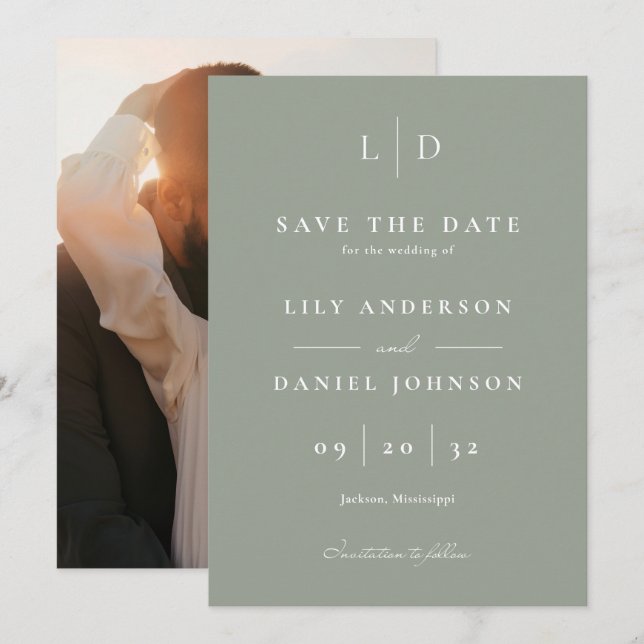 Reserve A Data Sage Green Elegant Minimalist Casamento do Monogra (Frente/Verso)
