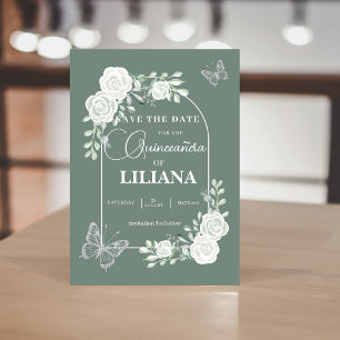 Reserve A Data Sage Green Floral Arch e Borboletas Quinceañera