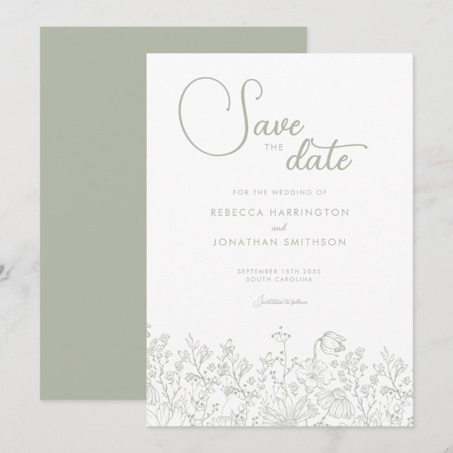 Reserve A Data Sage Green Floral Elegante Casamento Salve A Data (Frente/Verso)