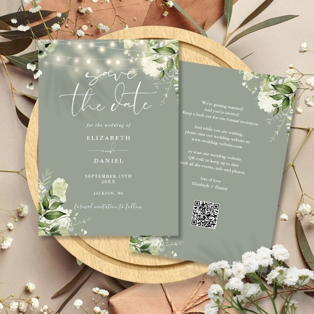Reserve A Data Sage Green Floral String Luzes QR Código Casamento (Sage Green Floral String Lights QR Code Wedding Save The Date)