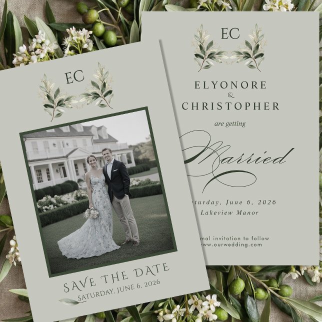 Reserve A Data Sage Green Olive Branch Monogram Photo Wedding (Criador carregado)