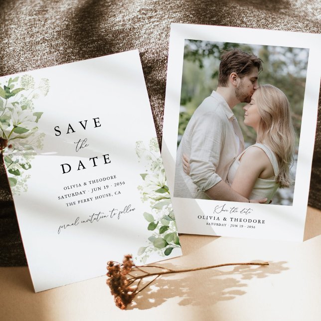 Reserve A Data Sage Green Organic Greenery Photo Wedding (Sage green organic greenery photo save the date wedding card with botanical florals and elegant)
