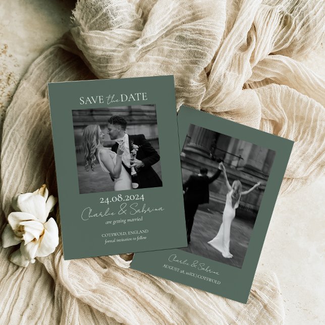 Reserve A Data Sage Green Photo Save the Date Wedding Invitation (Criador carregado)