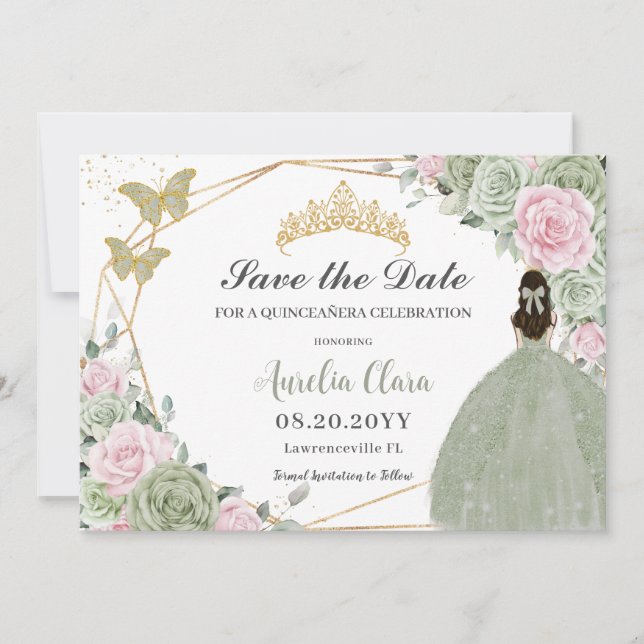 Reserve A Data Sage Green Pink Floral Dourada Quinceanera Princes (Frente)