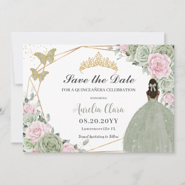 Reserve A Data Sage Green Pink Floral Quinceanera Tan Princess (Frente)