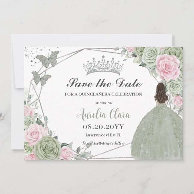 Reserve A Data Sage Green Pink Floral Silver Quinceanera Princess (Frente)