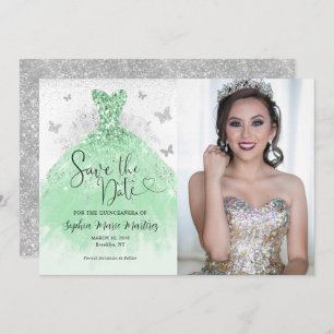Reserve A Data Sage Green Silver Glitter Vestida Quinceañera Foto