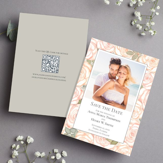 Reserve A Data Sage Green Wedding Save the Date Floral Photo (Sage green wedding save the date photo card. With a scannable QR Code Template.)