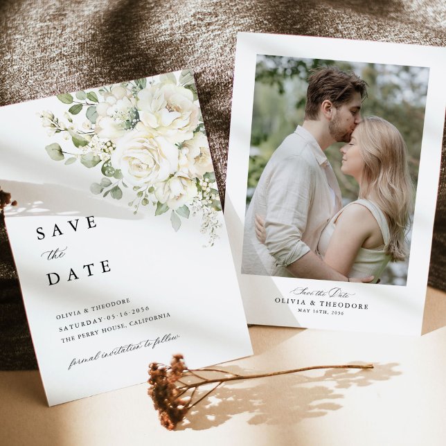 Reserve A Data Sage Green White Floral Photo Wedding (Sage green white floral watercolor photo save the date wedding card, front and back design)