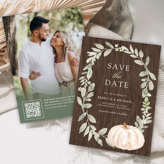 Reserve A Data Sage Greenery White Pumpkin Wood Foto de Casamento (Criador carregado)
