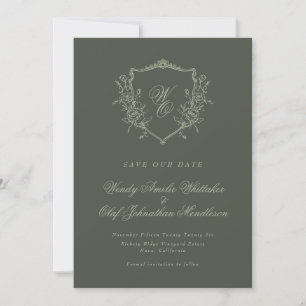 Reserve A Data Sage Olive Vintage Floral Crest Monograma Foto