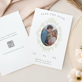 Reserve A Data Sage Toile Floral Frame Foto QR Code Casamento