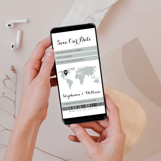 Reserve A Data Sage Verde de Destino de Embarque Eletrônico (save the date boarding pass electronic boarding pass destination pin world map passport digital)