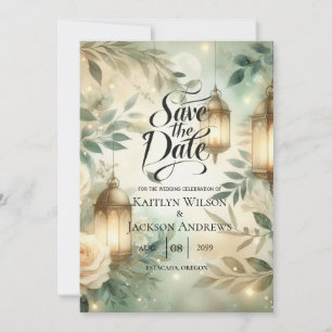 Reserve A Data Sage Verde e Marfim Rosa Lanterna Save the Date
