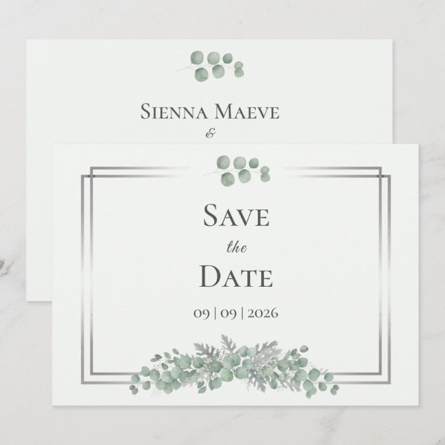 Reserve A Data Sage Verde Eucalipto Moldura Prata Casamento Save  (Frente/Verso)