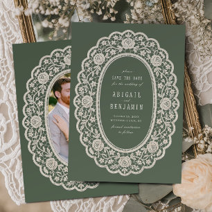 Reserve A Data Sage Verde Floral Renda Vintage Casamento Clássico