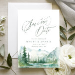 Reserve A Data Sage Watercolor Mountain Forest Rustic Wedding<br><div class="desc">Watercolor lush green pine forest,  teal river,  and misty mountain with sage modern script,   elegant and romantic,  great save the date cards for boho rustic wedding and mountain forest destination wedding in spring and summer.</div>