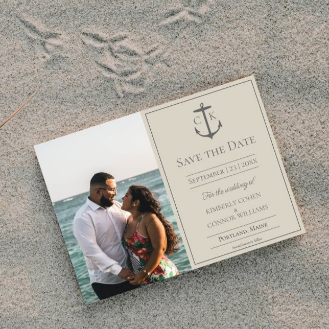 Reserve A Data Salvamento de Data de Casamento com Monograma Náut (Beige Nautical Monogram Photo Save the Date)