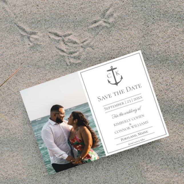 Reserve A Data Salvamento Fotográfico com Monograma Náutico Branc (White Nautical Monogram Photo Save the Date)