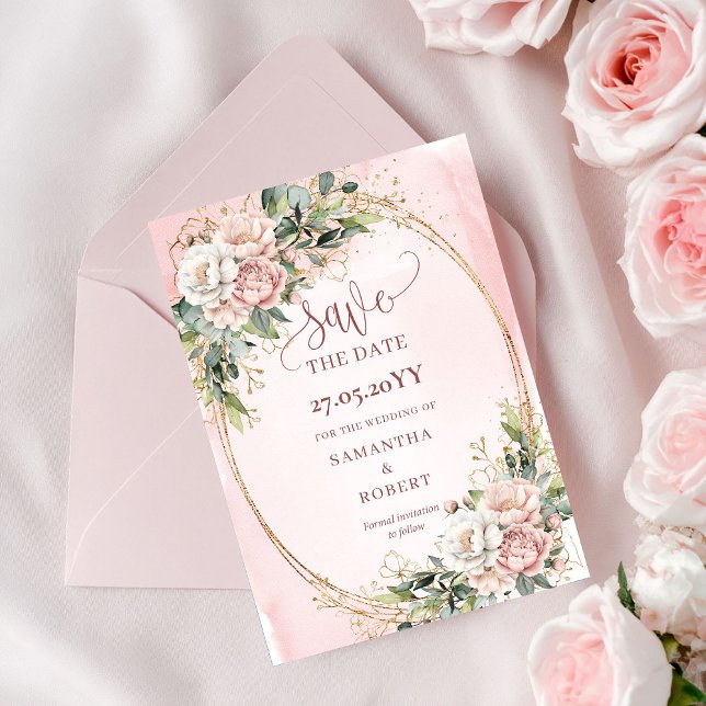 Reserve A Data Salvar a Data Boho Moderno Rosa Blush Verde (Modern Boho Blush Pink Greenery Save The Date)