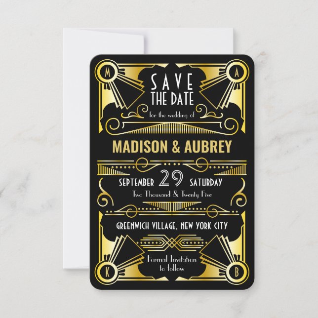 Reserve A Data Salvar a Data Casamento Gatsby Art Déco Dourado Pr (Frente)