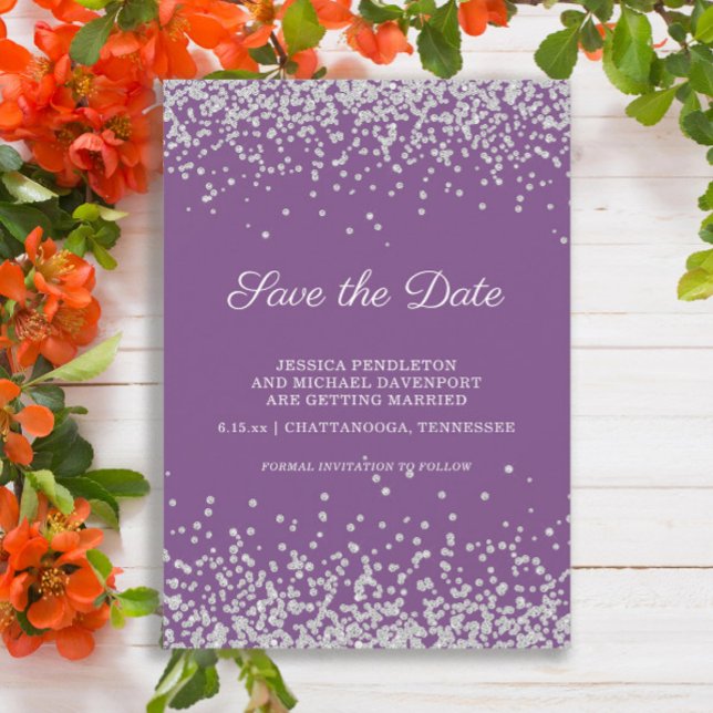 Reserve A Data Salvar a data de casamento com brilho prateado rox (Purple wedding Save the Date with silver glitter)