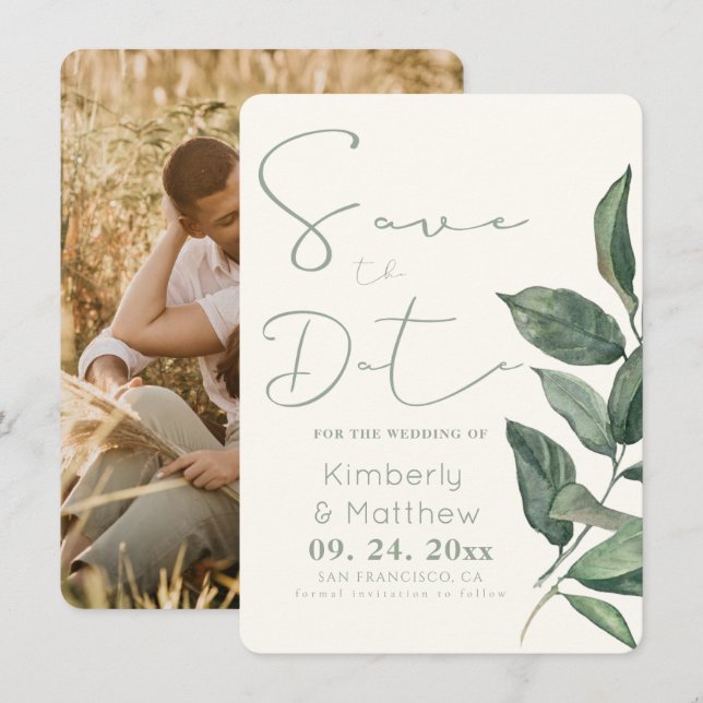 Reserve A Data Salvar a data do casamento floral em verde sálvia (Frente/Verso)