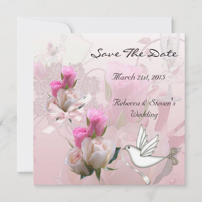 Reserve A Data Salvar a Data do Casamento Rosa Flores Brancas Pom (Frente)