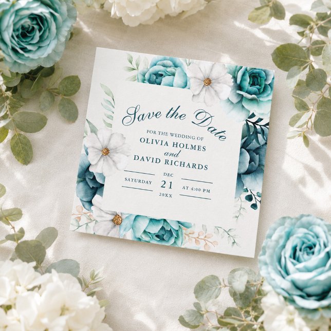 Reserve A Data Salvar a Data Floral Botânica Teal (Teal Botanical Wildflower Save the Date)