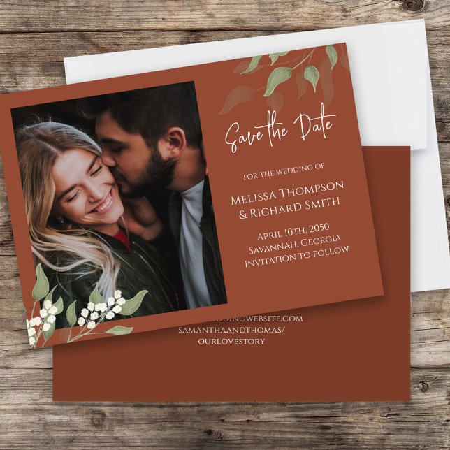 Reserve A Data Salvar a data Foto Terracotta Greenery (An elegant terracotta photo save the date double sided card)