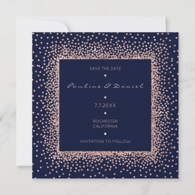 Reserve A Data Salvar a Data Rose Gold Azul Naval Brilho Monogram (Frente)