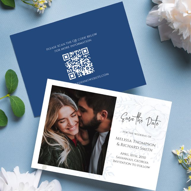 Reserve A Data Salvar a foto de casamento azul Floral (Floral blue elegant Photo save the date card with QR code. )