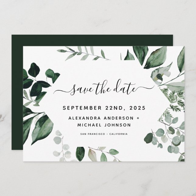 Reserve A Data Salvar Botanical Greenery Foliage Aquarela Casamen (Frente/Verso)