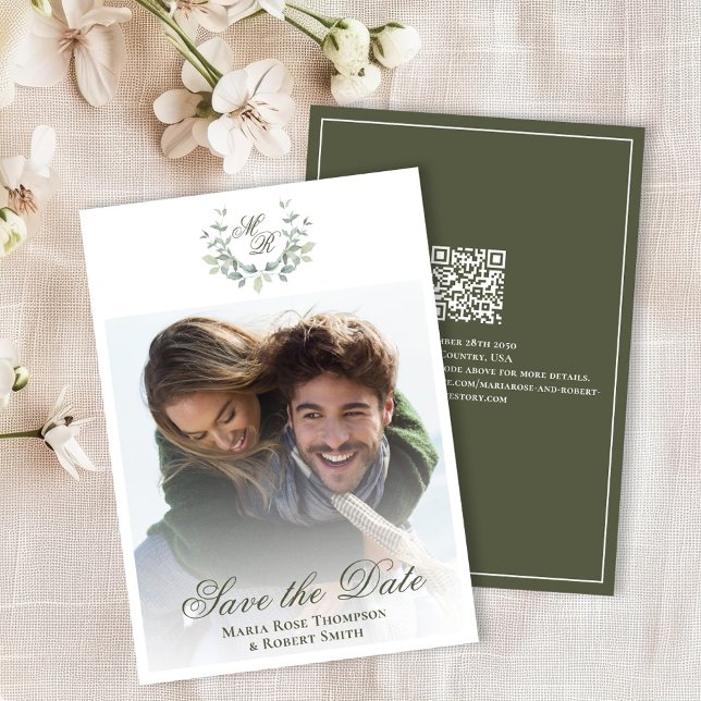 Reserve A Data Salvar data de casamento clássico foto verde (Elegant green wedding save the date photo card. )