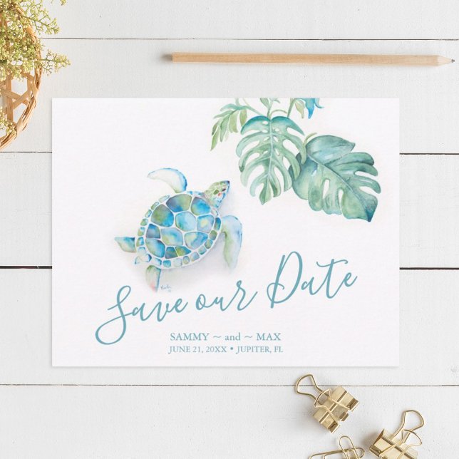 Reserve A Data Salvar Data Tropical com Tartaruga Marinha Aquarel (Destination save the date invitations watercolor sea turtle palm leaf art Victoria Grigaliunas)