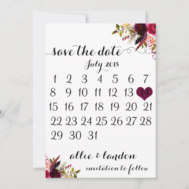 Reserve A Data Salvar O Calendário De Data | Boho Floral (Frente)