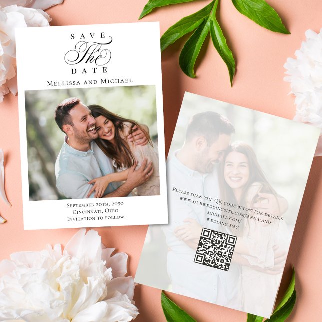 Reserve A Data Salvar o casamento do script de fotos de data (Save the date photo card with a scannable QR code with calligraphy script. )