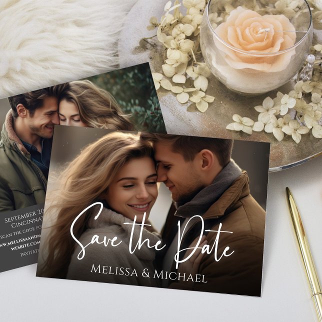 Reserve A Data Salvar o script de casamento de fotos de data (Wedding save the date photo card with QR code and a two photo template. )