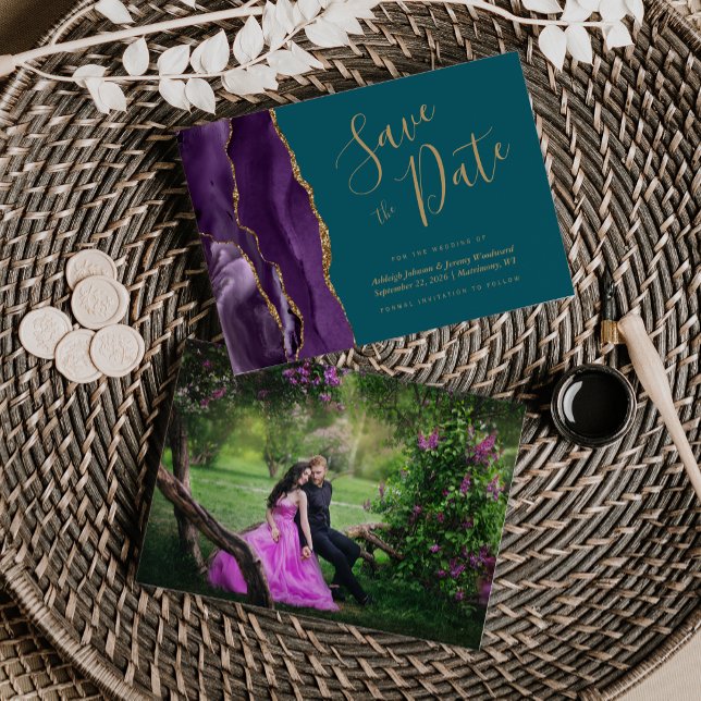 Reserve A Data Salve a Data Ágata Roxo Dourado Verde Água (Criador carregado)