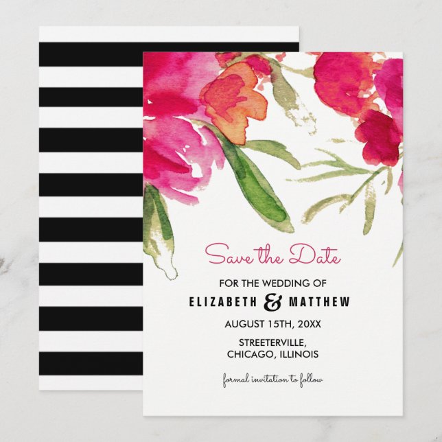 Reserve A Data Salve a Data. Aquarela Casamento Floral em Fuchsia (Frente/Verso)
