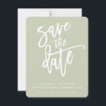Reserve A Data SALVE A DATA caligrafia moderna cor verde sage<br><div class="desc">por kat massard >>> https://linktr.ee/simplysweetpaperie <<< A modern design featuring hand lettered, brushed type for your SAVE THE DATE ANNOUNCEMENT. Setup as a template it is simple for you to personalize it - make it yours! >>> DICAS - Basta clicar no botão "Personalizar" e adicionar/alterar o texto, fontes, cores ou...</div>