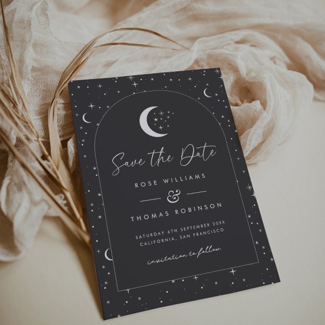 Reserve A Data Salve a Data Carvão Celestial Arqueado (Zazzle Charcoal Celestial Arched Save The Date)
