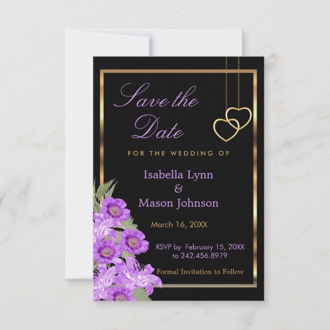 Reserve A Data Salve a data - Casamento com Flor Roxo Elegante (Frente)