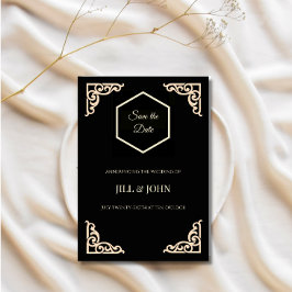 Reserve A Data Salve a Data Casamento Preto Dourado Hexágono Art