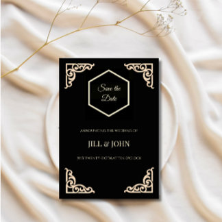 Reserve A Data Salve a Data Casamento Preto Dourado Hexágono Art