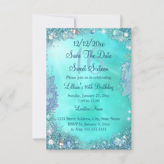 Reserve A Data Salve A Data Da Joia Do Teal Ocean Sweet 16 (Frente)