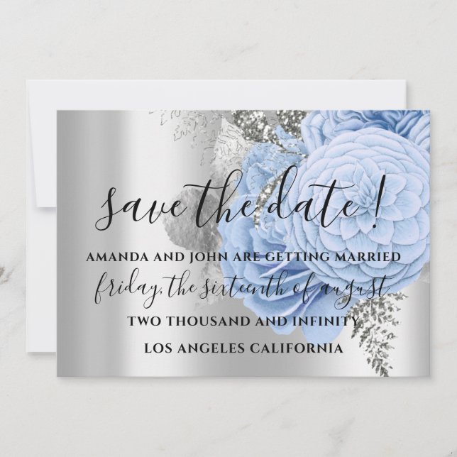 Reserve A Data Salve A Data De Casamento Rosas De Prata Azul (Frente)
