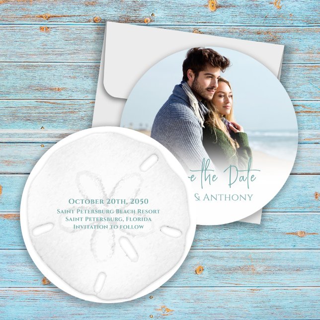 Reserve A Data Salve a data Destino da praia (Wedding destination Save the Date photo circle beach template. )